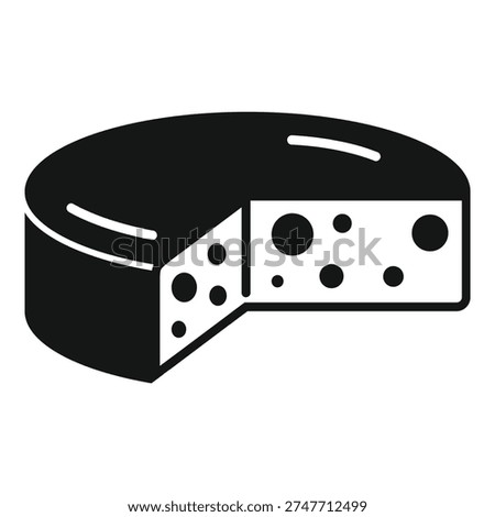 Black and white icon of a round cheese wheel with a slice cut out, showing the texture and holes