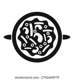 Black and white icon of a round dish containing asian food with chopsticks on the side
