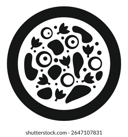 Black and white icon of a round pizza with various toppings