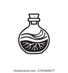 A black and white icon of a round potion bottle featuring organic roots beneath a wavy liquid layer topped with a cork stopper.