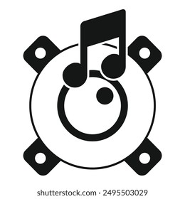 Black and white icon of a round speaker playing music, representing audio equipment and entertainment