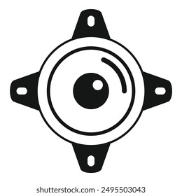 Black and white icon of a round speaker with four mounting holes