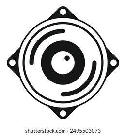 Black and white icon of a round speaker, representing audio equipment for playing sound and music