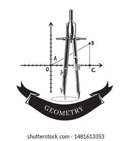 Black and white icon science geometry. Compass, triangle, circle. Vector illustration