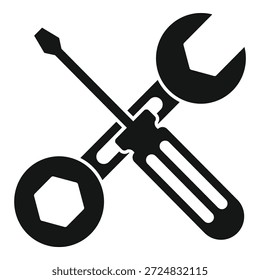 Icono en blanco y negro de un destornillador cruzando sobre una llave inglesa, que simboliza la reparación, el mantenimiento y los servicios de mantenimiento