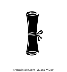 Un icono en blanco y negro de un pergamino atado con una cinta, que representa documentos antiguos, educación o anuncios especiales.