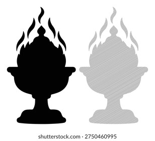 Black and white icon set with ablaze incense burner, concept of peace, meditation, worship.