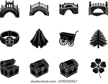 Black and White Icon Set Bridges, Belt, Cloak, Cart, Tree, Chests, Clover