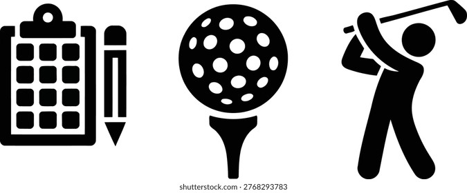 A black and white icon set depicting essential golf elements: a scorecard, pencil, golf ball on a tee, and a golfer in mid-swing.