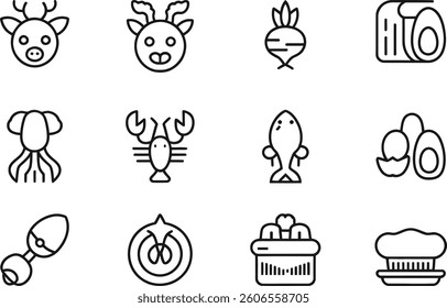 Black and white icon set with eco-friendly and symbolic designs | Minimalist Food and Animal Line Icons Set | Seafood, Dairy, Meat and Vegetables