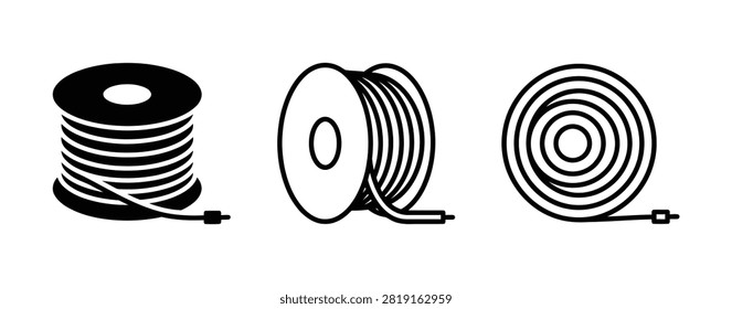 Black and white icon set of electrical cable wire wrapped on a plastic spool reel