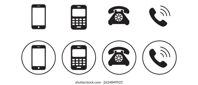 Conjunto de iconos en blanco y negro con teléfonos rotativos clásicos, teléfonos inteligentes modernos y símbolos de llamada que representan temas de comunicación y conectividad. conjunto de iconos de llamadas de Arte vectorial.