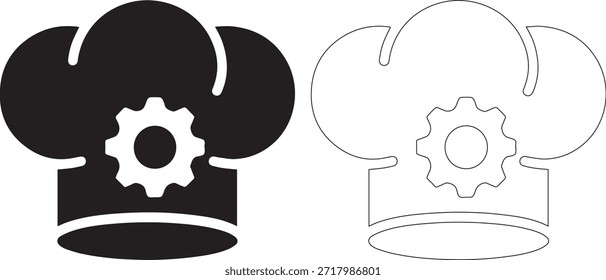 Conjunto de iconos en blanco y negro con un sombrero de chef con un engranaje, representado en estilos de arte sólido y lineal, que representa la innovación culinaria y la mecánica