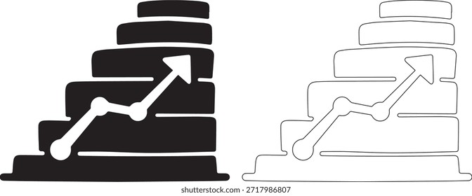 Conjunto de ícones preto e branco com um gráfico crescente em etapas, representado em estilos de arte sólida e linear, transmitindo crescimento e progresso