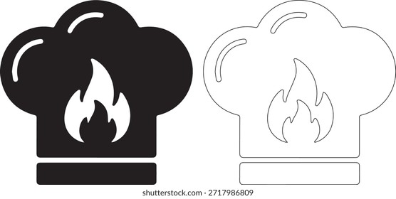 Conjunto de iconos en blanco y negro con un sombrero de chef con una llama, representado en estilos de arte de línea sólida y línea, que simboliza la pasión y la energía culinarias