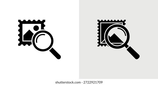 Black and white icon set featuring a magnifying glass over a postage stamp.