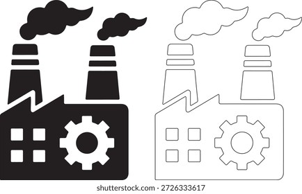 Conjunto de ícones preto e branco com fábricas com projetos de engrenagens e fumaça, para a indústria e conceitos de fabricação, destacando a produção e processamento.