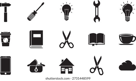 Black and white icon set featuring kitchen utensils tools and household items