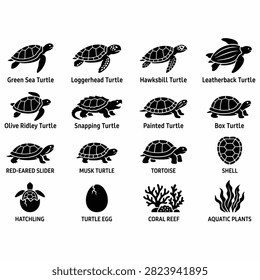 Black and white icon set featuring various turtle species and marine life.