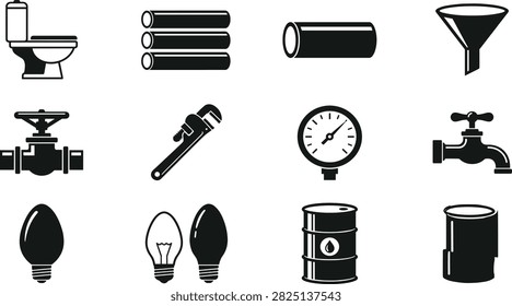 Black and white icon set featuring twelve plumbing and utility related objects including toilet pipes funnel valve wrench pressure gauge faucet light bulbs oil drum and cylindrical container representing construction maintenance household and industrial design for commercial branding education and creative projects

