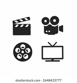 Um ícone preto e branco com um tema de filme e cinema, incluindo uma clapperboard, câmera de vídeo vintage, rolo de filme e tela de televisão, adequado para a indústria cinematográfica, mídia de informação 