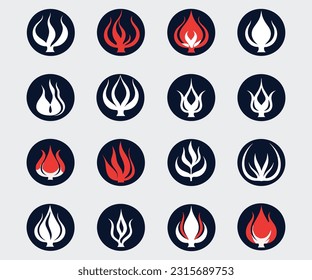 Schwarz-Weiß-Icon Set von Flammen Symbol Set, im Stil von Sōsaku Hanga, organische Geometrien, hellrotes und dunkles Indigo, botanische Genauigkeit, ps1-Grafik, Logo, symbolisches Nabis