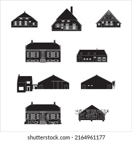 Black and white icon set of the front view of different typical Dutch farmhouses