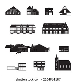 Black and white icon set of the front view of different typical Dutch houses, schools and farms