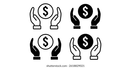 Black And White Icon Set Hands Protecting Dollar Coin Representing Financial Security Vector Design Illustration