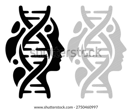 Black and white icon set with head and dna spiral. concept of genetics, intelligence.
