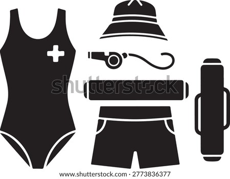 Black and white icon set of lifeguard attire including a swimsuit, shorts, hat, whistle, and flotation device for beach or pool safety.