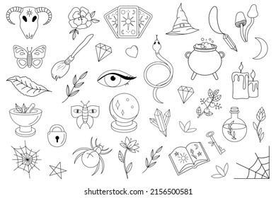 Juego de iconos en blanco y negro con elementos mágicos. Colección de elementos mágicos. Señales de brujería y objetos listos para el ritual. Símbolos de Wiccan.