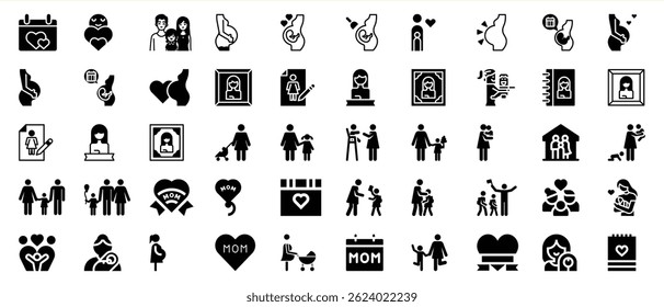 Black and white icon set for parenthood motherhood and family