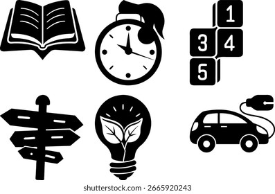 Conjunto De Iconos En Blanco Y Negro Que Representa La Dirección Del Tiempo De Aprendizaje Y Vehículos Eléctricos