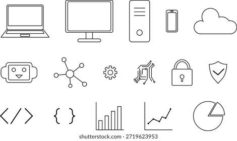 Schwarz-Weiß-Symbolsatz, der Technologie- und IT-Konzepte darstellt