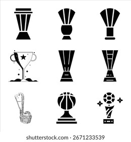 Conjunto De Iconos En Blanco Y Negro Que Muestra Premios Y Herramientas Con Diseños Limpios Y Sencillos