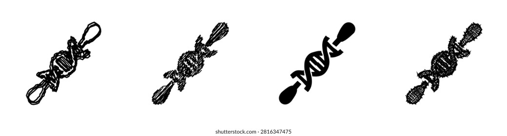 A black and white icon set showcasing the double helix structure of DNA with various artistic interpretations of its ends, symbolizing scientific research and biological information