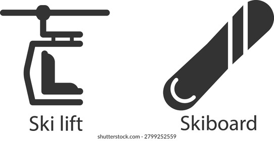 Black and white icon set of ski lift and skiboard for winter sports activity