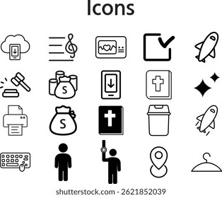 Black and white icon set with various everyday symbols
