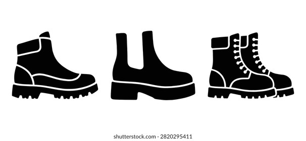 Black and white icon set of various winter style boots with footwear clothing accessory protection adventure traction silhouette minimalist collection seasonal trekking winterwear