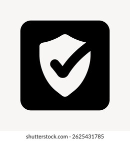 Black and white icon of a shield with a check mark, symbolizing security and protection. Security icon with a check mark for protection and safety. User interface icon vector.