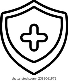 Black and white icon of a shield with a plus sign, commonly representing safety, protection, and healthcare services.