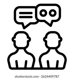 Icono blanco y negro que muestra una conversación con personas estilizadas y burbujas de discurso