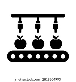 Black and white icon showing apples moving along a conveyor beneath automated processing equipment. Ideal for food production, fruit processing, sorting, packaging, factory automation and agricultural manufacturing concepts.