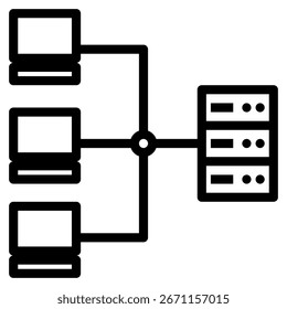 Black and white icon showing a computer network linked to a server, representing online connectivity for data sharing.