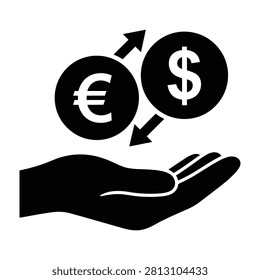 Black and white icon showing currency exchange between Euro and US Dollar coins held above an open human hand. Represents global finance, banking, and trade concepts.