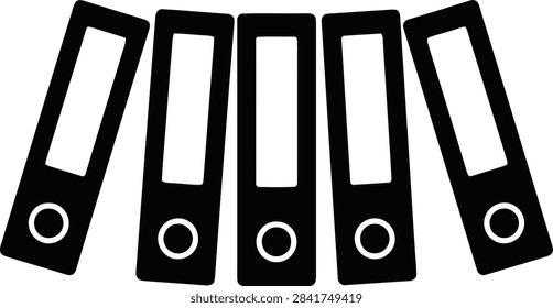 A black and white icon showing five office ring binders arranged in a row, representing organization, document management, filing, and administrative tasks.