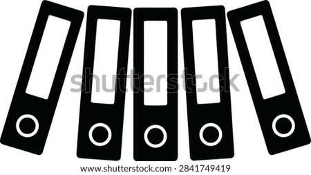 A black and white icon showing five office ring binders arranged in a row, representing organization, document management, filing, and administrative tasks.