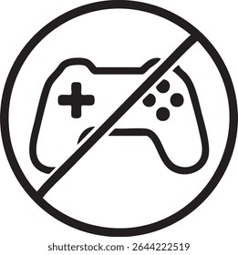 A black and white icon showing a game controller crossed out with a prohibition symbol, indicating no gaming allowed.