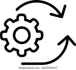 Um ícone preto e branco mostrando uma engrenagem com setas circulares, representando um processo cíclico, automação ou ajuste de configurações em um design simples